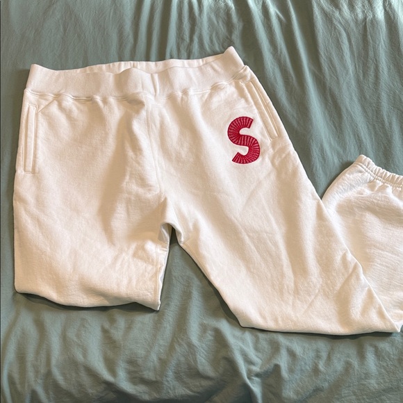 Supreme White Joggers with Red S Logo